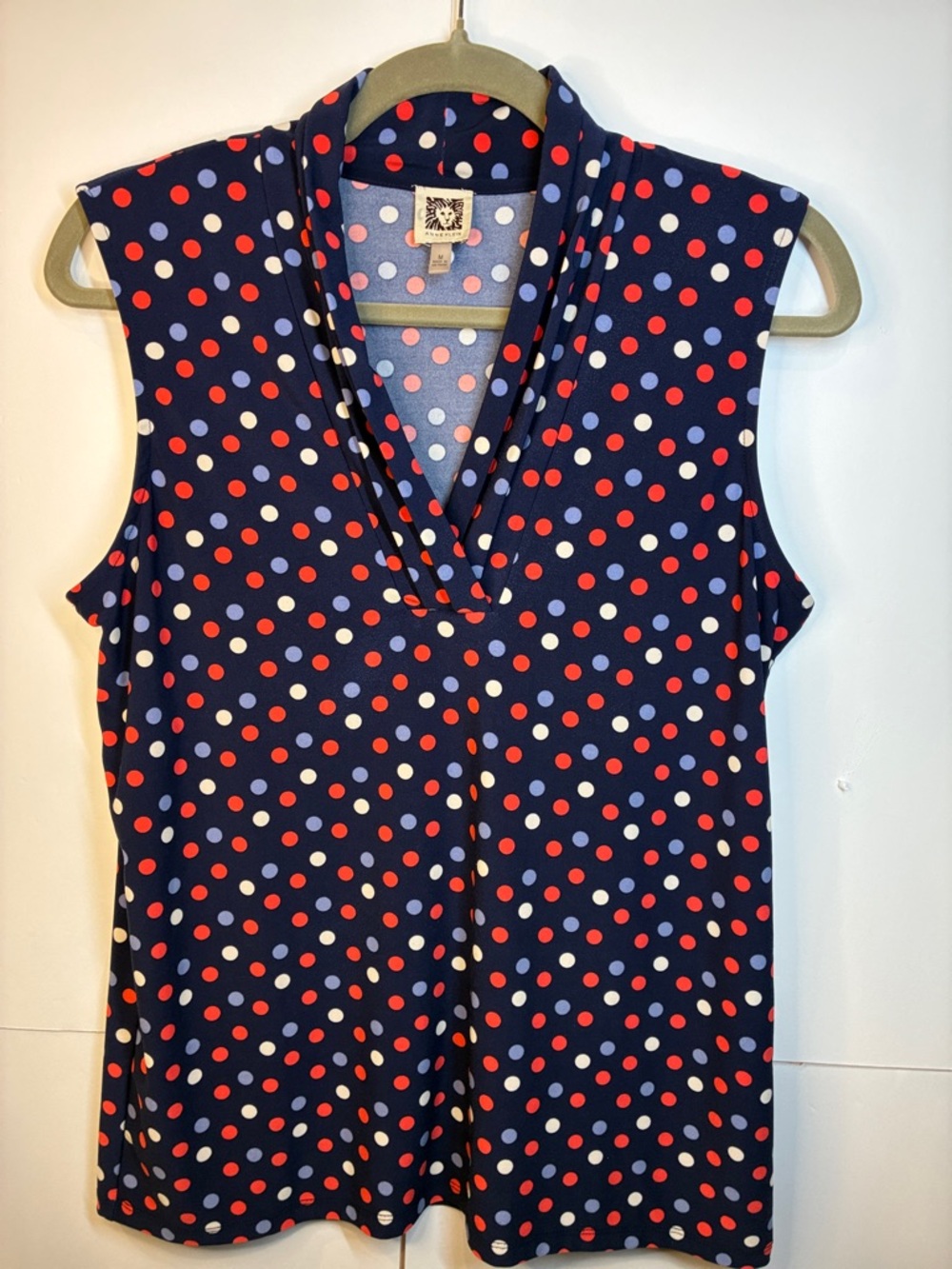 Anne Klein Navy Polka Dot Sleeveless Blouse Size Medium Navy Red White